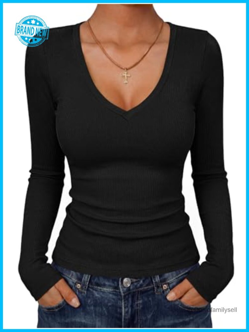 Women's Long Sleeve V Neck Ribbed Top Slim Fit Fall Winter